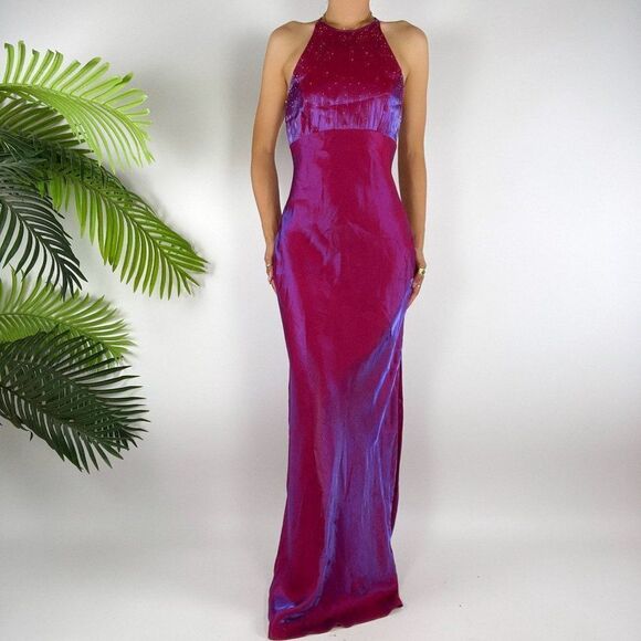 Vintage 2000s Purple Iridescent Vampy Fairycore Halter Top Prom Evening Dress /5 - Picture 4 of 6